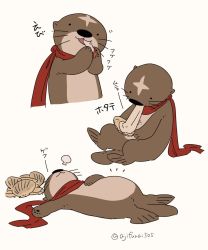 Rule 34 | animal, animal focus, asaya minoru, clam, commentary request, cropped torso, eating, food, guilty gear, holding, holding food, lying, multiple views, no humans, on back, otter, red scarf, scarf, simple background, translation request, twitter username, upper body, white background