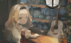 Rule 34 | 1girl, acoustic guitar, ahoge, alcohol, bar (place), black hair, blonde hair, blush, bottle, closed mouth, cocktail glass, counter, cup, dress, drinking glass, forehead, green eyes, guitar, hairband, indoors, instrument, long hair, looking at viewer, morino0903, original, parted bangs, plant, puffy sleeves, red dress, shelf, smile, solo, twitter username, upper body, watermark, wavy hair