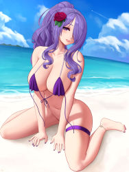 Rule 34 | 1girl, bare shoulders, barefoot, beach, bikini, blue sky, blush, bottomless, breasts, camilla (fire emblem), cleavage, cloud, collarbone, convenient arm, convenient censoring, day, feet, female focus, fire emblem, fire emblem fates, flower, hair flower, hair ornament, hair over one eye, highres, large breasts, legs, long hair, looking at viewer, nail polish, navel, nintendo, ocean, outdoors, parted lips, purple bikini, purple eyes, purple hair, shore, sitting, sky, smile, solo, swimsuit, thigh strap, toes, untied bikini, wariza, water, wavy hair, zaphn