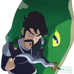 Rule 34 | 1boy, aboutama, animal, bags under eyes, bebinn, black eyes, facial hair, feet out of frame, from above, frown, hair strand, holding, holding sword, holding weapon, looking at viewer, male focus, mustache, ousama ranking, oversized animal, short hair, snake, solo, sword, thick eyebrows, weapon