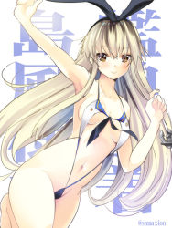Rule 34 | 1girl, alternate costume, anchor hair ornament, black hairband, blonde hair, blush, breasts, brown eyes, closed mouth, hair between eyes, hair ornament, hairband, kantai collection, long hair, maki (seventh heaven maxion), shimakaze (kancolle), slingshot swimsuit, small breasts, smile, solo, swimsuit