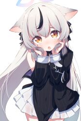 Rule 34 | 1girl, absurdres, animal ears, black dress, black hair, blue archive, blush, dress, grey hair, halo, hands on own cheeks, hands on own face, highres, kokona (blue archive), long hair, looking at viewer, multicolored hair, okota mikan, open mouth, simple background, solo, streaked hair, striped clothes, striped dress, tiger ears, tiger girl, two-tone hair, upper body, very long hair, white background