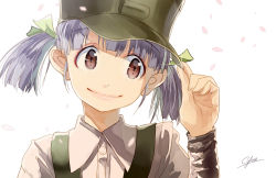 Rule 34 | 10s, 1girl, arm warmers, artist name, blue hair, brown eyes, cherry blossoms, dress shirt, green ribbon, hair ribbon, hand on headwear, hat, kantai collection, lips, looking away, ooshio (kancolle), petals, ribbon, shirt, short hair, short twintails, simple background, smile, solo, sparkle, suspenders, twintails, uniform, upper body, white background, yae (mono110)