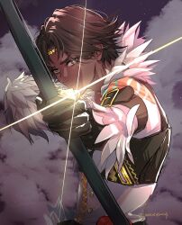 Rule 34 | 1boy, absurdres, aiming, aiming at viewer, bow (weapon), brown hair, circlet, dark-skinned male, dark skin, feather collar, feather trim, fire emblem, fire emblem engage, fogado (fire emblem), gold circlet, highres, holding, holding bow (weapon), holding weapon, male focus, nintendo, prince, star-shaped pupils, star (symbol), symbol-shaped pupils, umi ( oneinchswing), weapon