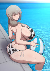 Rule 34 | 1girl, animal print, ass, back, ball, bare arms, bare shoulders, beachball, bikini, blush, breasts, butt crack, closed eyes, closed mouth, cow print, from above, highres, huge breasts, long hair, looking at viewer, mature female, outdoors, ponponmaru, pool, side-tie bikini bottom, sideboob, silver hair, sitting, smile, solo, swimsuit, uzaki-chan wa asobitai!, uzaki tsuki, water, wet