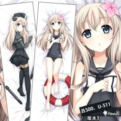 Rule 34 | 10s, 1girl, bed sheet, black pantyhose, black skirt, blue eyes, breasts, character name, covered navel, flower, from above, hair flower, hair ornament, hat, kantai collection, loading (verjuice), long hair, lying, multiple views, on back, panties, panties under pantyhose, pantyhose, pink flower, pleated skirt, school swimsuit, silver hair, skirt, small breasts, swimsuit, swimsuit under clothes, u-511 (kancolle), underwear