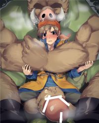 Rule 34 | 2boys, blush, censored, dragon quest, dragon quest viii, drooling, hero (dq8), highres, huge penis, imminent penetration, imminent rape, interspecies, male focus, monster, mori miya, multiple boys, orc, penis, penis awe, restrained, saliva, sweat, testicles, yaoi