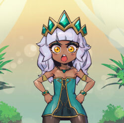 Rule 34 | 1girl, :o, armlet, bare shoulders, blush, bracelet, brown pantyhose, clenched hands, cowboy shot, crown, dark-skinned female, dark skin, dress, flat chest, gem, green dress, grey hair, hands on own hips, jewelry, league of legends, long hair, necklace, open mouth, orange eyes, pantyhose, phantom ix row, qiyana (league of legends), teeth, upper teeth only