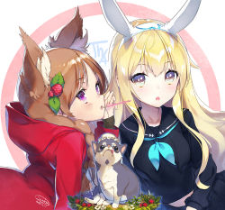 Rule 34 | 2girls, :o, animal, animal ear fluff, animal ears, black sailor collar, black serafuku, black shirt, black skirt, blonde hair, blue neckerchief, blush, braid, brown eyes, chihuahua, commentary request, dated, dog, fang, flower, food, food in mouth, fruit, hair between eyes, hood, hood down, hooded jacket, jacket, light brown hair, long hair, long sleeves, looking at viewer, mouth hold, multiple girls, neckerchief, open mouth, original, parted lips, pocky, pocky day, purple eyes, rabbit ears, red jacket, revision, sailor collar, sanbasou, school uniform, serafuku, shirt, side braid, signature, skirt, star (symbol), strawberry, twin braids, very long hair, white flower