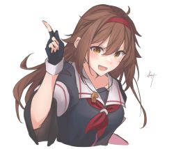 Rule 34 | 1girl, artist name, bad id, bad pixiv id, black gloves, black serafuku, brown eyes, brown hair, gloves, hair between eyes, hairband, highres, kantai collection, knt02142769, long hair, neckerchief, open mouth, partially fingerless gloves, red hairband, red neckerchief, school uniform, serafuku, shiratsuyu (kancolle), shiratsuyu kai ni (kancolle), short sleeves, signature, simple background, smile, solo, upper body, whistle, whistle around neck, white background