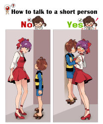 Rule 34 | 1boy, 2girls, blue shirt, blue shorts, blush, chibi, chibi inset, choker, commentary request, dress, embarrassed, english text, full-face blush, gegege no kitarou, geta, height difference, high heels, highres, how to talk to short people (meme), inuyama mana, kitarou, lifting person, meme, multiple girls, nekomusume, nekomusume (gegege no kitarou 6), pointy ears, purple hair, red choker, red dress, red footwear, sandals, shirt, shirt under dress, short dress, short hair, shorts, silanduqiaocui, striped clothes, striped vest, sweatdrop, vest, white shirt, yellow eyes