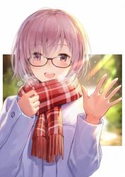 Rule 34 | 1girl, alternate costume, blurry, blurry background, blush, breath, brown eyes, coat, fate/grand order, fate (series), glasses, haru (hiyori-kohal), light rays, looking at viewer, mash kyrielight, mash kyrielight (fgo x lawson), open mouth, pink hair, scarf, short hair, smile, solo, sunbeam, sunlight, waving