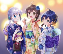 Rule 34 | 3girls, :d, :q, ahoge, animal, back bow, bag, bagged fish, blue eyes, blue flower, blue hair, blue kimono, bow, braid, brown eyes, brown hair, brown kimono, chocolate banana, closed mouth, commentary request, copyright request, fish, floral print, flower, food, food on face, fruit, goldfish, green bow, green eyes, hair bow, hair flower, hair ornament, hand fan, highres, holding, holding food, japanese clothes, kimono, long hair, multiple girls, nekozuki yuki, novel illustration, obi, official art, open mouth, paper fan, print kimono, purple bow, sash, silver hair, smile, strawberry, striped, striped bow, tongue, tongue out, uchiwa, water, white kimono, yellow bow, yukata