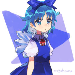Rule 34 | 1girl, artist name, blue bow, blue dress, blue eyes, blue hair, bow, cirno, commentary request, dress, ice, ice wings, looking away, mogamiya honu, neck ribbon, ribbon, short hair, solo, touhou, upper body, white background, wings
