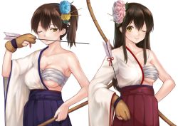 Rule 34 | 10s, 2girls, akagi (kancolle), bow (weapon), breasts, brown eyes, brown hair, cleavage, fukuroumori, gloves, hair ornament, impossible clothes, japanese clothes, kaga (kancolle), kantai collection, large breasts, long hair, looking at viewer, medium breasts, multiple girls, one eye closed, partially fingerless gloves, partly fingerless gloves, rising sun flag, sarashi, short hair, side ponytail, single glove, sunburst, weapon, white background, yugake