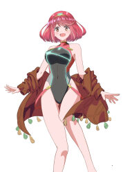 Rule 34 | 1girl, jacket, kageyasu, looking at viewer, one-piece swimsuit, open clothes, open jacket, pyra (pro swimmer) (xenoblade), pyra (xenoblade), red eyes, red hair, simple background, solo, swimsuit, white background, xenoblade chronicles (series), xenoblade chronicles 2