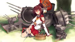Rule 34 | 10s, 1girl, basket, blew andwhite, brown hair, cherry blossoms, flower, grass, hair flower, hair intakes, hair ornament, headgear, highres, holding, holding umbrella, ice, kantai collection, long hair, long sleeves, looking at viewer, machinery, miniskirt, oil-paper umbrella, orange eyes, sitting, skirt, sleeves past wrists, smile, solo, thigh strap, thighhighs, tree, turret, umbrella, very long hair, yamato (kancolle)