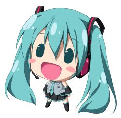 Rule 34 | 1girl, :d, blush, blush stickers, chibi, detached sleeves, green eyes, green hair, hatsune miku, headset, long hair, matching hair/eyes, natsuhime yuran, necktie, open mouth, simple background, skirt, smile, solo, thighhighs, twintails, very long hair, vocaloid, white background