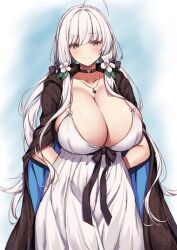 Rule 34 | 1girl, ahoge, arashiki mamizu, arms behind head, azur lane, black cape, black choker, blue eyes, blush, breasts, cape, choker, cleavage, closed mouth, commentary, dress, highres, huge breasts, illustrious (azur lane), jewelry, long hair, looking at viewer, pendant, smile, solo, white dress, white hair