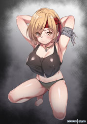 Rule 34 | 1girl, alternate costume, armpits, arms behind head, bandana, bare shoulders, black panties, blonde hair, blush, breasts, brown eyes, collarbone, commentary request, covered erect nipples, crop top, djeeta (granblue fantasy), from above, full body, granblue fantasy, hairband, medium breasts, midriff, panties, patreon logo, patreon username, pink lips, red bandana, shiny clothes, shiny skin, short hair, soldier (granblue fantasy), soles, solo, spicy moo, squatting, swept bangs, thighs, toes, underwear
