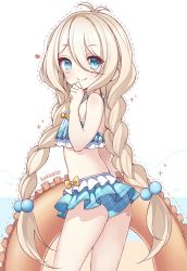 Rule 34 | 1girl, alternate eye color, alternate hairstyle, antenna hair, ass, beads, bikini, bikini skirt, blonde hair, blue eyes, blush, braid, character name, commentary request, eskimofox, frills, hair beads, hair between eyes, hair ornament, hand to own mouth, innertube, kokkoro (princess connect!), kokkoro (real) (princess connect!), long hair, looking at viewer, looking back, natsume kokkoro (princess connect!), princess connect!, ribbon, simple background, smile, solo, split mouth, swim ring, swimsuit, twin braids, very long hair, white background
