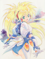 Rule 34 | 1girl, :d, agahari, ass, blonde hair, commentary request, from behind, ginga ojou-sama densetsu yuna, gloves, green eyes, grey background, hair between eyes, highres, kagurazaka yuna, long hair, looking at viewer, mecha musume, open mouth, smile, solo, traditional media, white gloves