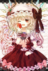 Rule 34 | 1girl, apple, ascot, bad id, bad pixiv id, blonde hair, blush, bow, dress, fang, female focus, flandre scarlet, flower, food, frills, fruit, hat, holding, holding food, holding fruit, jaku sono, one eye closed, open mouth, red eyes, rose, short hair, side ponytail, smile, solo, embodiment of scarlet devil, touhou, wings, wink, wrist cuffs