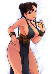 Rule 34 | 1990s (style), 1girl, alternate costume, armpits, bad id, bad pixiv id, bracelet, braid, breasts, brown eyes, brown hair, capcom, china dress, chinese clothes, chun-li, cleavage, double bun, dress, covered erect nipples, hip focus, huge breasts, jewelry, large breasts, leaning forward, legs, pelvic curtain, sash, sideboob, solo, street fighter, street fighter ii (series), street fighter iv (series), wide hips, yoko juusuke