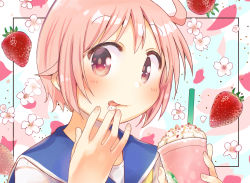 Rule 34 | 1girl, :p, ahoge, blue sailor collar, blush, commentary request, cream, cup, disposable cup, drinking straw, fingernails, floral background, flower, food, food-themed background, food on hand, frappuccino, fruit, hands up, highres, holding, holding cup, licking, licking finger, looking at viewer, multicolored background, neckerchief, nonohara yuzuko, pink eyes, pink hair, portrait, sailor collar, school uniform, school uniform (yuyushiki), serafuku, shirt, short hair, smile, solo, starbucks, strawberry, strawberry background, tatsunokosso, tongue, tongue out, white flower, white shirt, yellow neckerchief, yuyushiki