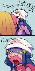 Rule 34 | absurdres, beanie, bloned hair, blue hair, creatures (company), dawn (pokemon), game freak, gen 1 pokemon, hands on another&#039;s face, hat, highres, jynx, kiss, lips, lipstick mark, nintendo, open mouth, pink lips, pink scarf, pokemon, pokemon dppt, saliva, scarf, shaking, shippart, white hat, yuri