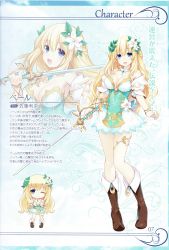 Rule 34 | 1girl, :d, ;), absurdres, bare shoulders, blonde hair, blue eyes, boots, breasts, brown footwear, chibi, cleavage, collar, dress, four goddesses online: cyber dimension neptune, full body, head wreath, highres, holding, holding weapon, huge filesize, knee boots, large breasts, long hair, looking at viewer, neptune (series), official art, one eye closed, open mouth, scan, short dress, simple background, smile, solo, standing, sword, tsunako, vert (neptunia), wavy hair, weapon