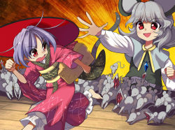 Rule 34 | 2girls, animal ears, barefoot, bowl, bowl hat, capelet, chasing, cheese, clenched hand, commentary request, food, hat, japanese clothes, jewelry, kimono, long sleeves, looking back, mouse (animal), mouse ears, mouse tail, multiple girls, nazrin, necklace, obi, open mouth, outstretched arm, pendant, purple hair, red eyes, red kimono, running, sash, silver hair, sukuna shinmyoumaru, swiss cheese, syope, tail, tears, teeth, tongue, touhou