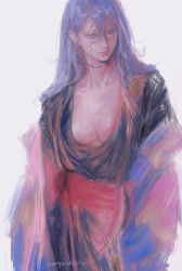 Rule 34 | 1girl, blue eyes, breasts, cleavage, genderswap, genderswap (mtf), grey hair, hair between eyes, heterochromia, highres, jujutsu kaisen, long hair, looking at viewer, mahito (jujutsu kaisen), medium breasts, simple background, solo, stitched face, stitched neck, stitches, twitter username, wengwengchim, white background