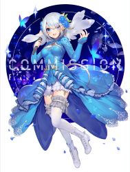 Rule 34 | 1girl, akizone, au ra, warrior of light (ff14), blue dress, blue eyes, blush, boots, breasts, character request, cleavage, commission, copyright request, dress, final fantasy, final fantasy xiv, grey hair, high heel boots, high heels, holding, holding microphone, long sleeves, looking at viewer, medium breasts, microphone, open mouth, short hair, sleeves past wrists, smile, solo, thighhighs, watermark, white footwear, white thighhighs