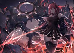 Rule 34 | 1girl, absurdres, arknights, bare shoulders, black dress, black jacket, black thighhighs, breasts, cleavage, closed mouth, commentary request, demon girl, demon horns, dress, feet out of frame, flaming sword, flaming weapon, hair between eyes, highres, holding, holding sword, holding weapon, horns, jacket, large breasts, lava, legs together, long hair, looking at viewer, off shoulder, open clothes, open jacket, poni (poni arknights), purple eyes, red hair, red horns, solo, spikes, surtr (arknights), sword, thighhighs, weapon