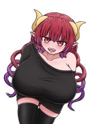 Rule 34 | 1girl, arms behind back, black panties, black shirt, black thighhighs, blunt bangs, blush, breasts, collarbone, curvy, dragon girl, dragon horns, fangs, feet out of frame, gradient hair, highres, horns, huge breasts, ilulu (maidragon), kobayashi-san chi no maidragon, leaning forward, light purple hair, long hair, looking at viewer, low twintails, multicolored hair, off-shoulder shirt, off shoulder, open mouth, panties, pointy ears, red eyes, red hair, sharp teeth, shirt, shortstack, simple background, slit pupils, smile, solo, taiggerrock, teeth, thick thighs, thigh gap, thighhighs, thighs, twintails, underwear, white background