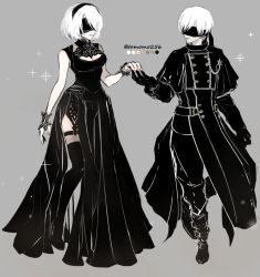 Rule 34 | 1boy, 1girl, alternate costume, bare arms, belt, black blindfold, black coat, black dress, black footwear, black gloves, black hairband, black pants, blindfold, bob cut, boots, breasts, buttons, cleavage, cleavage cutout, clothing cutout, coat, crossover, dress, final fantasy, final fantasy xiv, full body, gloves, grey background, hair between eyes, hairband, high collar, high heel boots, high heels, holding hands, long coat, long dress, long sleeves, looking at another, medium breasts, nier (series), nier:automata, pants, short hair, side slit, sleeveless, sleeveless dress, sparkle, thigh boots, thighhighs, tomo (552252), white hair, 2b (nier:automata), 9s (nier:automata)