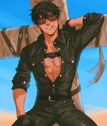 Rule 34 | 1boy, abs, arm hair, belt, black belt, black gloves, black hair, black jumpsuit, breast pocket, buttons, chalseu, chest hair, chest strap, cigarette, collarbone, commentary, cross punisher, facial hair, gloves, goatee stubble, grin, hair between eyes, highres, jumpsuit, large cross, male focus, mouth hold, nicholas d. wolfwood, pectoral cleavage, pectorals, pocket, sideburns, signature, sleeves past elbows, smile, smoking, solo, stubble, sunglasses, teeth hold, tinted eyewear, trigun, unbuttoned
