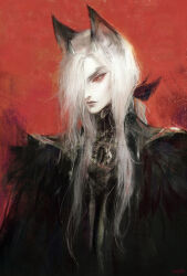 Rule 34 | 1boy, animal ears, cat ears, closed mouth, highres, long hair, male focus, nat the lich, original, pale skin, red background, red eyes, robe, signature, simple background, solo, white hair