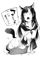 Rule 34 | 1girl, animal ears, bad id, bad twitter id, blush, breasts, collarbone, dress, covered erect nipples, closed eyes, fangs, gem, greyscale, highres, imaizumi kagerou, large breasts, long hair, monochrome, open mouth, paw pose, saryuu (iriomote), signature, solo, speech bubble, tail, touhou, wolf ears, wolf tail