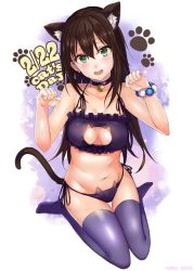 Rule 34 | 1girl, animal ears, artist name, ashita (2010), bad id, bad twitter id, bell, neck bell, blush, breasts, brown hair, cat cutout, cat day, cat ear panties, cat ears, cat lingerie, cat tail, choker, cleavage, cleavage cutout, clothing cutout, dated, green eyes, idolmaster, jingle bell, long hair, looking at viewer, meme attire, navel, no shoes, open mouth, panties, paw pose, paw print, shibuya rin, side-tie panties, sitting, solo, tail, thighhighs, underwear, underwear only