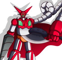 Rule 34 | absurdres, axe, cape, drill, drill hand, getter-1, getter-2, getter-3, getter robo, getter robo (1st series), highres, holding, holding axe, holding weapon, mecha, mecha focus, no humans, robot, solo, super robot, tomahawk, weapon, yellow eyes, zeon132