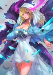 Rule 34 | 10s, 1girl, angel wings, blonde hair, blue kimono, breasts, cleavage, floral print, hair ornament, hair over shoulder, hei niao, highres, japanese clothes, kimono, large breasts, looking at viewer, lucifer (monster strike), monster strike, multiple wings, pink eyes, purple wings, solo, wide sleeves, wings