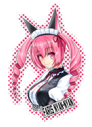 Rule 34 | 1girl, absurdres, akiha rumiho, animal ears, blush, breasts, buckle, cat ears, character name, choker, closed mouth, cropped torso, drill hair, eibon, frills, hair ornament, hair ribbon, highres, long hair, looking at viewer, looking to the side, maid, maid headdress, medium breasts, pink eyes, pink hair, polka dot, puffy sleeves, ribbon, smile, solo, steins;gate, twin drills, twintails, upper body, white background