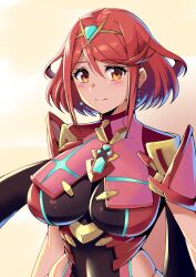 Rule 34 | 1girl, absurdres, armor, backless outfit, breasts, chest jewel, covered navel, drop earrings, earrings, highres, impossible clothes, jewelry, large breasts, pyra (xenoblade), red eyes, red hair, short hair, short sleeves, shoulder armor, skindentation, solo, swept bangs, tiara, upper body, xenoblade chronicles (series), xenoblade chronicles 2, yamada hatsune