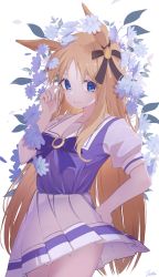 Rule 34 | 1girl, absurdres, animal ears, artist name, blonde hair, blue eyes, bow, commentary, cowboy shot, ear ornament, eyelashes, flower, forehead, frilled skirt, frills, grass wonder (umamusume), hair flower, hair ornament, hand on own hip, hand up, highres, horse ears, horse girl, joehi, long hair, looking at viewer, open mouth, parted bangs, parted lips, puffy short sleeves, puffy sleeves, purple bow, shadow, short sleeves, simple background, skirt, solo, standing, symbol-only commentary, teeth, umamusume, white background, white skirt