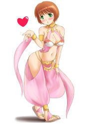 Rule 34 | 1girl, arabian clothes, bare shoulders, belly dancer, blowing kiss, blush, bracelet, breasts, brown hair, cleavage, dancer, ginjyasei, green eyes, harem outfit, harem pants, heart, jewelry, large breasts, lots of jewelry, midriff, navel, pants, sandals, short hair, solo, tokimeki memorial, tokimeki memorial 4, yanagi fumiko