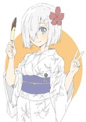 Rule 34 | 1girl, bad id, bad twitter id, blue eyes, donguri suzume, flower, food, food request, grey hair, grey kimono, hair flower, hair ornament, hair over one eye, hairclip, hamakaze (kancolle), hand up, hands up, holding, holding food, japanese clothes, kantai collection, kimono, long sleeves, looking at viewer, obi, one eye closed, one eye covered, red flower, sash, short hair, smile, solo, upper body, w, wide sleeves