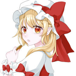 Rule 34 | 1girl, blonde hair, closed mouth, coin, flandre scarlet, from side, hat, hat ribbon, highres, holding, holding coin, looking at viewer, looking to the side, medium hair, miyangoroge, pointy ears, puffy short sleeves, puffy sleeves, red eyes, red ribbon, red vest, ribbon, shirt, short sleeves, simple background, solo, touhou, upper body, vest, white background, white hat, white shirt, wrist cuffs