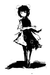Rule 34 | 1girl, absurdres, bad id, bad pixiv id, bun cover, dress, facing viewer, greyscale, highres, ibaraki kasen, looking to the side, monochrome, shadow, short dress, short hair, simple background, sketch, solo, tabard, timesoe, touhou, white background